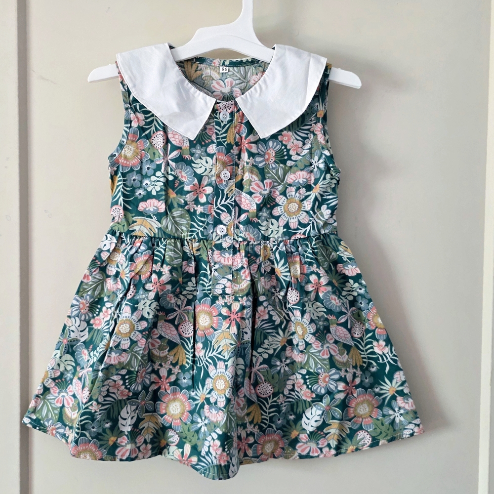 Toddler Girl Floral Green Sleeveless Dress with White Collar